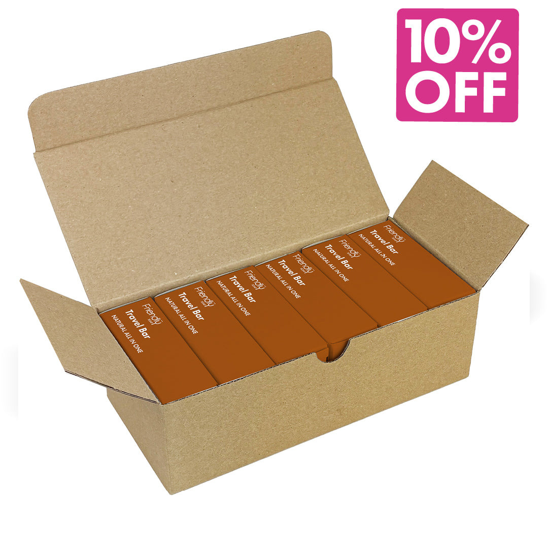 An open kraft cardboard box containing five travel bar boxes labeled. A pink '10% OFF' promotional badge appears in the top right corner on a white background.