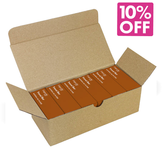 An open kraft cardboard box containing five travel bar boxes labeled. A pink '10% OFF' promotional badge appears in the top right corner on a white background.