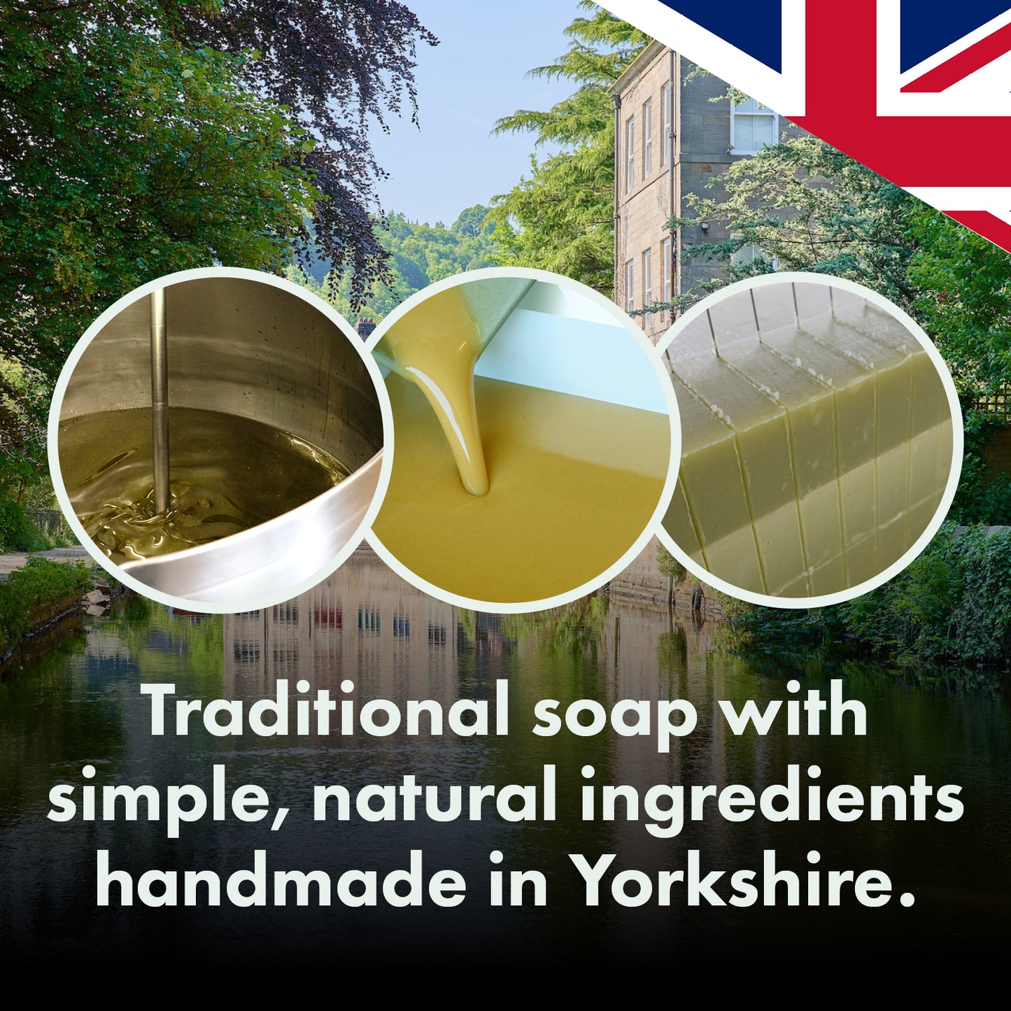 Promotional graphic for a handmade soap product. The image features three circular insets showing the production process: a metal vat with oil, golden liquid being poured, and soap bars being molded.