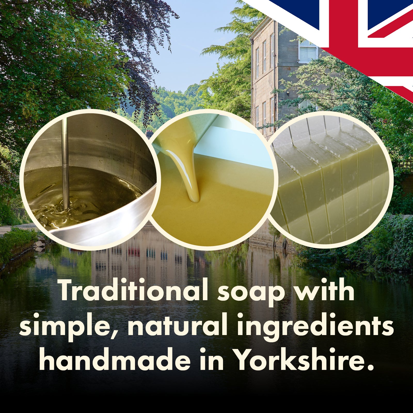 Promotional graphic for handmade soap with three circular inset photos showing ingredients/process, a scenic background with trees and a building, and text reading 'Traditional soap with simple, natural ingredients handmade in Yorkshire.' A Union Jack flag appears in the top-right corner.