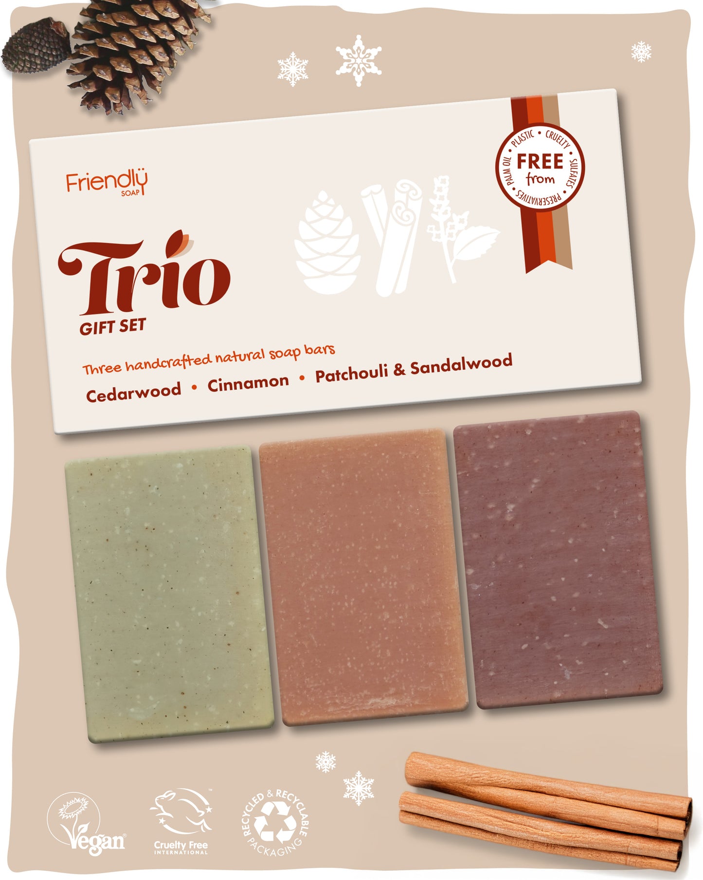 friendly soap - natural soap trio gift set surrounded by pine cones and cinnamon sticks