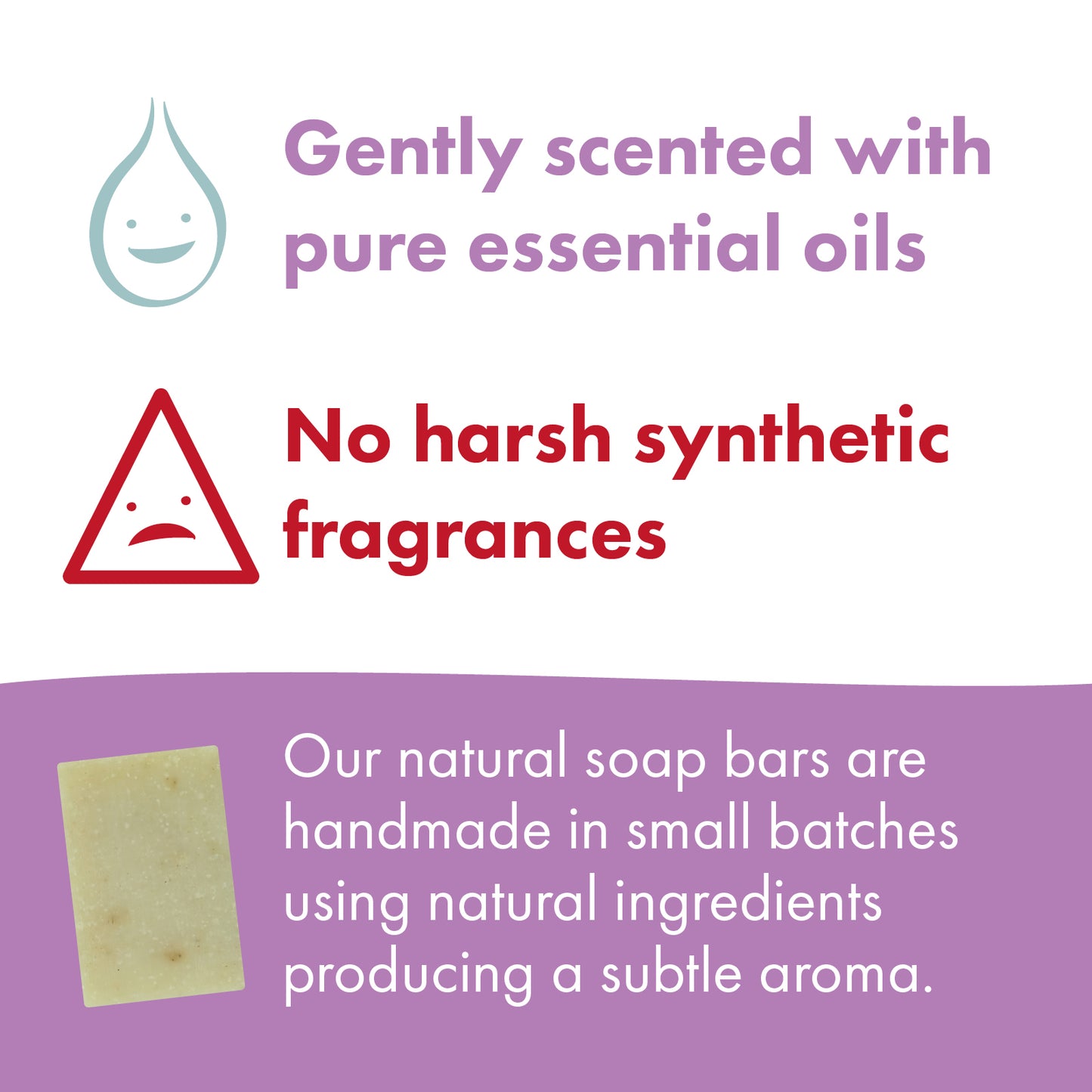 Promotional graphic for natural soap bars with text reading 'Gently scented with pure essential oils' and 'No harsh synthetic fragrances,' plus a small photo of a pale yellow soap bar on a purple banner.