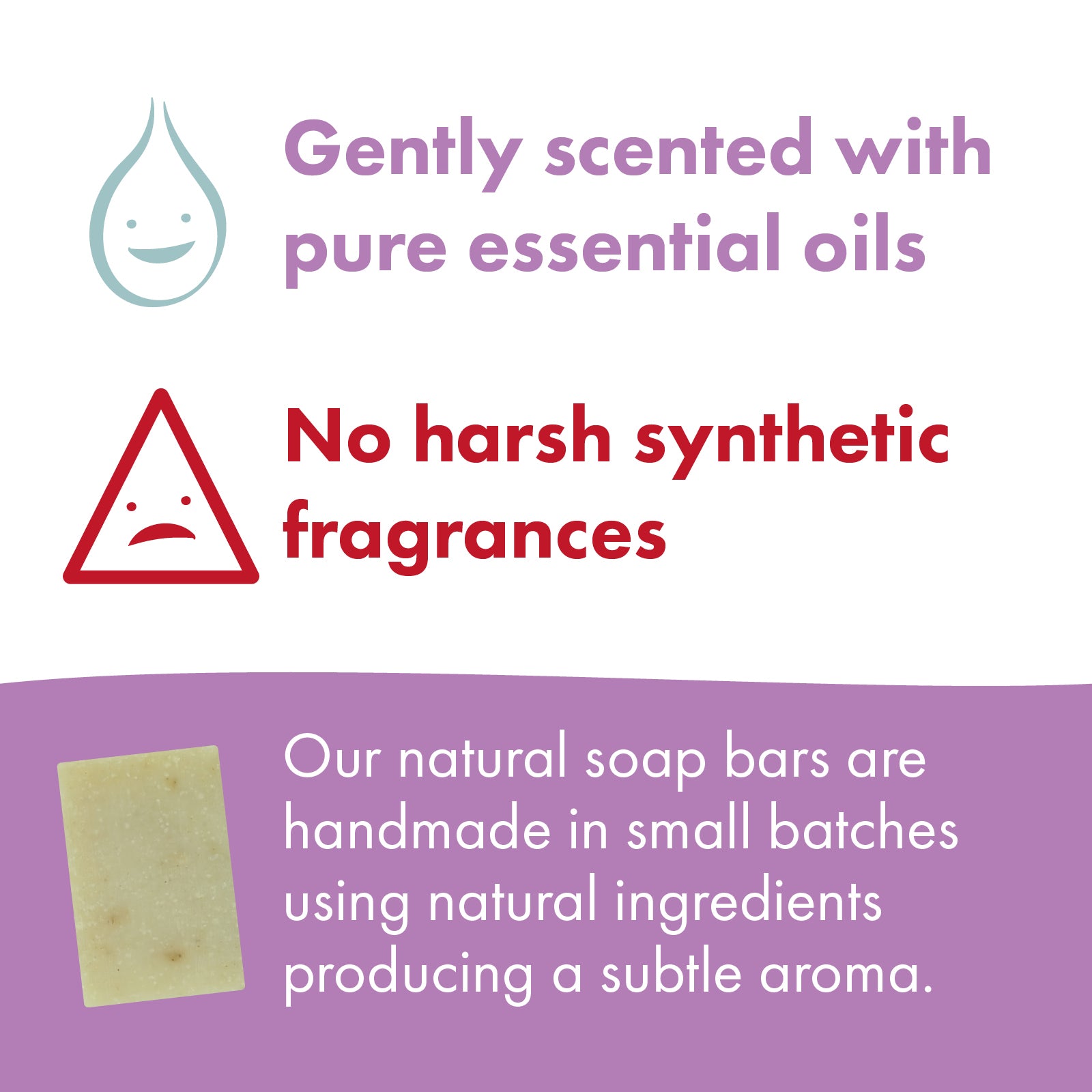 Promotional graphic for natural soap bars with text reading 'Gently scented with pure essential oils' and 'No harsh synthetic fragrances,' plus a small photo of a pale yellow soap bar on a purple banner.