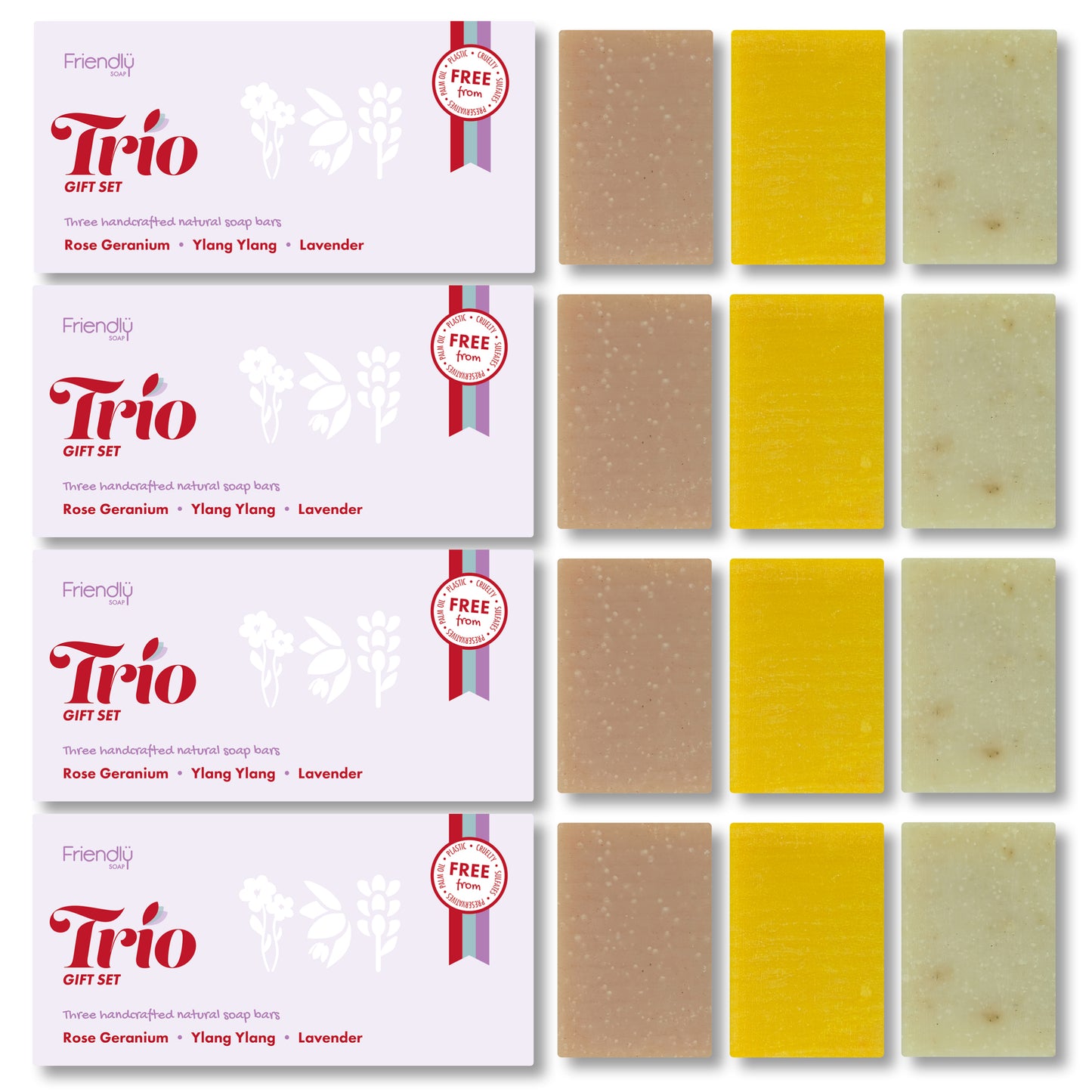 4 Pack - Trio Gift Sets - Rose Geranium, Ylang Ylang, Lavender