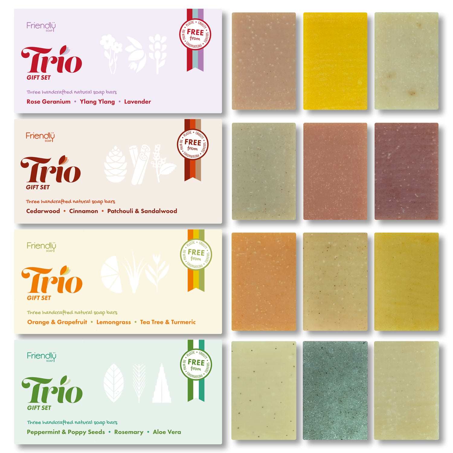 Set of Friendly Soap Trio gift sets with corresponding soap bars displayed.