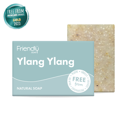 Ylang Ylang natural soap bar with packaging on a white background