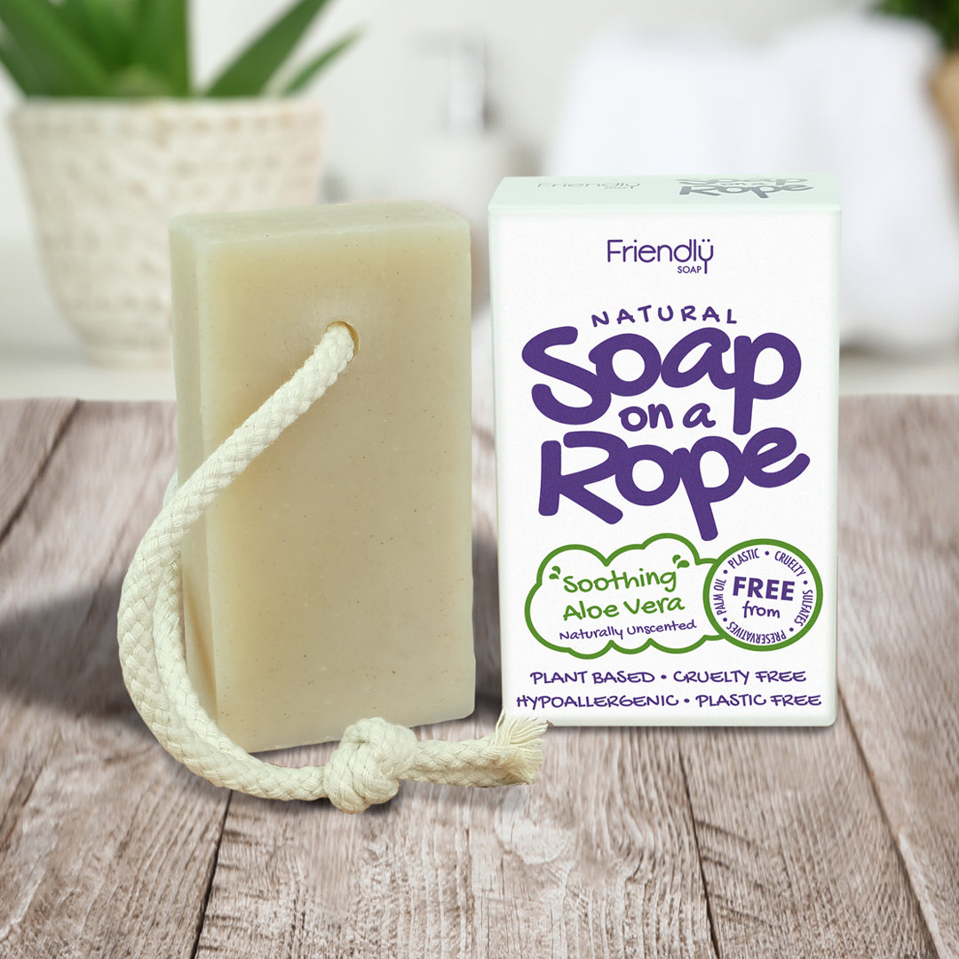 friendly soap on a rope aloe vera on a table in the bathroom