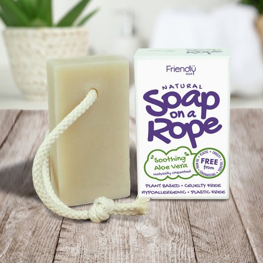 friendly soap on a rope aloe vera on a table in the bathroom