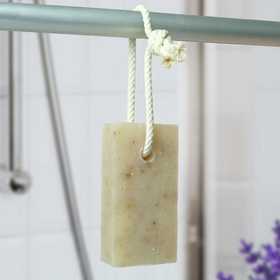 lavender - friendly soap on a rope hanging up in shower room