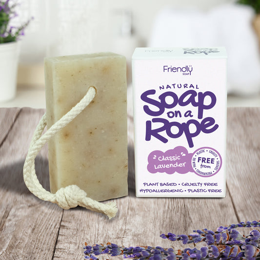 friendly soap on a rope lavender on a table in the bathroom