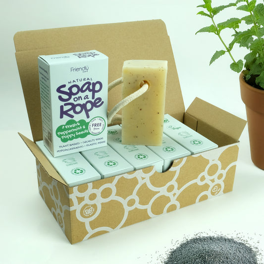 6 Pack - Natural Soap On A Rope - 'Fresh' Peppermint & Poppyseeds 6 x 125g